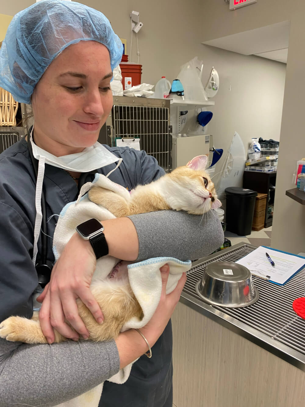 Dr. Erica holding cat after surgery